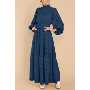 MITILLY Women's Fall Dresses Elegant Floral High Neck Long Sleeve Elastic Waist Formal Maxi Dress with Belt Large Dark Blue