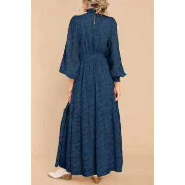 MITILLY Women's Fall Dresses Elegant Floral High Neck Long Sleeve Elastic Waist Formal Maxi Dress with Belt Large Dark Blue