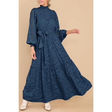 MITILLY Women's Fall Dresses Elegant Floral High Neck Long Sleeve Elastic Waist Formal Maxi Dress with Belt Large Dark Blue