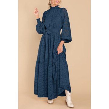 MITILLY Women's Fall Dresses Elegant Floral High Neck Long Sleeve Elastic Waist Formal Maxi Dress with Belt Large Dark Blue