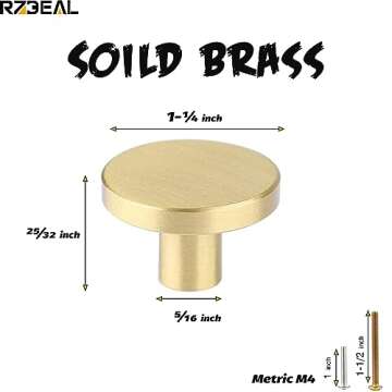 RZDEAL Cabinet Knobs,Solid Brass Round Dresser Drawer Knobs and Pulls Simple Decorative Kitchen Cabinet Door Handles (4pcs, 1.26"x0.78")