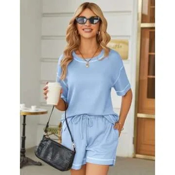 Ekouaer Pajamas for Women Set Waffle Knit Pajama Set 2 Piece Lounge Sets Loungewear PJS With Pockets Light Blue