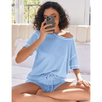 Ekouaer Pajamas for Women Set Waffle Knit Pajama Set 2 Piece Lounge Sets Loungewear PJS With Pockets Light Blue