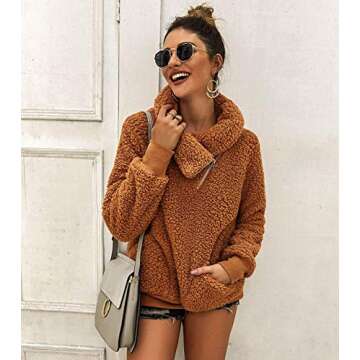 ZESICA Women's Turtleneck Long Sleeve Oblique Zipper Fuzzy Fleece Pullover Casual Loose Sweatshirt Coat with Pockets Khaki