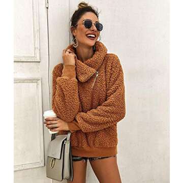 ZESICA Women's Turtleneck Long Sleeve Oblique Zipper Fuzzy Fleece Pullover Casual Loose Sweatshirt Coat with Pockets Khaki