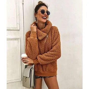 ZESICA Women's Turtleneck Long Sleeve Oblique Zipper Fuzzy Fleece Pullover Casual Loose Sweatshirt Coat with Pockets Khaki