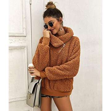 ZESICA Women's Turtleneck Long Sleeve Oblique Zipper Fuzzy Fleece Pullover Casual Loose Sweatshirt Coat with Pockets Khaki