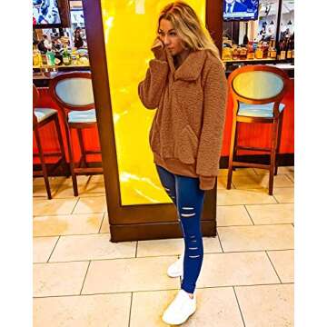 ZESICA Women's Turtleneck Long Sleeve Oblique Zipper Fuzzy Fleece Pullover Casual Loose Sweatshirt Coat with Pockets Khaki