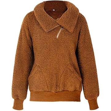 ZESICA Women's Turtleneck Long Sleeve Oblique Zipper Fuzzy Fleece Pullover Casual Loose Sweatshirt Coat with Pockets Khaki