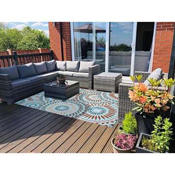 Santextile Reversible Outdoor/Indoor Plastic Straw Rugs Waterproof Portable Mat Easy to Clean Outdoor Patio Mat,Perfect for Garden, Patio, Picnic, Decking-（Blue,8x10Ft）