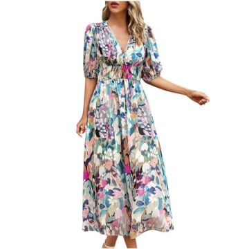 Spring Dresses for Women 2024, Boho Deep V Neck Printed Midi Dress, Summer Fashion Lantern Sleeves A...