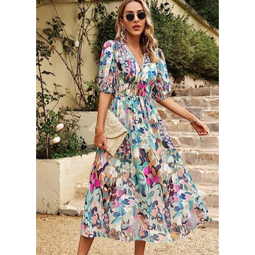 Spring Dresses for Women 2024, Boho Deep V Neck Printed Midi Dress, Summer Fashion Lantern Sleeves A-Line Long Dress (US, Alpha, Large, Regular, Regular, Flower)
