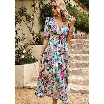 Spring Dresses for Women 2024, Boho Deep V Neck Printed Midi Dress, Summer Fashion Lantern Sleeves A-Line Long Dress (US, Alpha, Large, Regular, Regular, Flower)