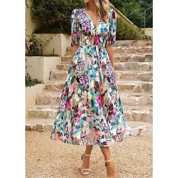 Spring Dresses for Women 2024, Boho Deep V Neck Printed Midi Dress, Summer Fashion Lantern Sleeves A-Line Long Dress (US, Alpha, Large, Regular, Regular, Flower)