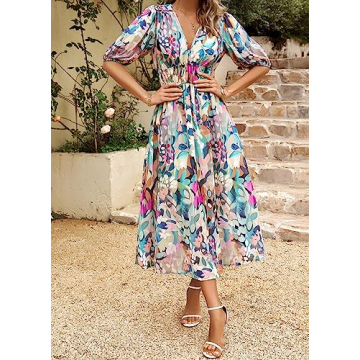 Spring Dresses for Women 2024, Boho Deep V Neck Printed Midi Dress, Summer Fashion Lantern Sleeves A-Line Long Dress (US, Alpha, Large, Regular, Regular, Flower)