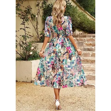 Spring Dresses for Women 2024, Boho Deep V Neck Printed Midi Dress, Summer Fashion Lantern Sleeves A-Line Long Dress (US, Alpha, Large, Regular, Regular, Flower)