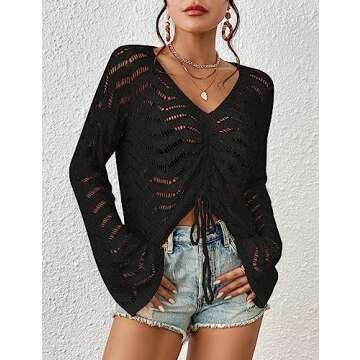 Eddoyee Crochet Cover Up for Women Long Sleeve Sexy Beach Bikini Mesh Swimsuit Tunic Top Crochet Tie Front Cover Up Black