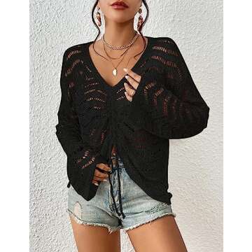 Eddoyee Crochet Cover Up for Women Long Sleeve Sexy Beach Bikini Mesh Swimsuit Tunic Top Crochet Tie Front Cover Up Black