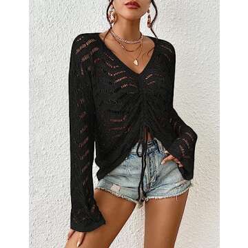 Eddoyee Crochet Cover Up for Women Long Sleeve Sexy Beach Bikini Mesh Swimsuit Tunic Top Crochet Tie Front Cover Up Black