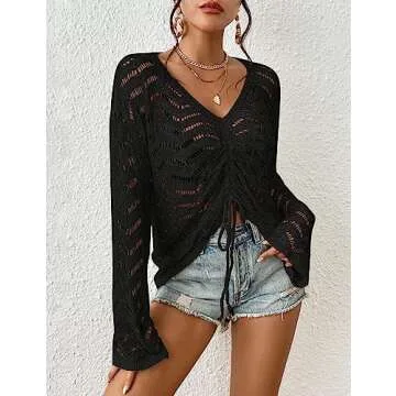 Eddoyee Crochet Cover Up for Women Long Sleeve Sexy Beach Bikini Mesh Swimsuit Tunic Top Crochet Tie Front Cover Up Black