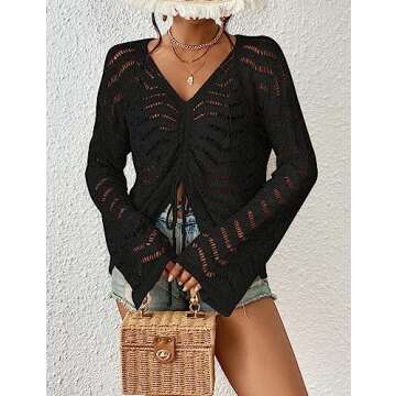 Eddoyee Crochet Cover Up for Women Long Sleeve Sexy Beach Bikini Mesh Swimsuit Tunic Top Crochet Tie Front Cover Up Black