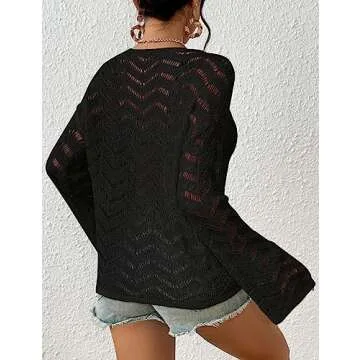 Eddoyee Crochet Cover Up for Women Long Sleeve Sexy Beach Bikini Mesh Swimsuit Tunic Top Crochet Tie Front Cover Up Black