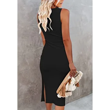 Pink Queen Women's Crew Neck Sleeveless Cutout Side Slit Knee Length Bodycon Knit Midi Dress Black XL