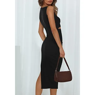 Pink Queen Women's Crew Neck Sleeveless Cutout Side Slit Knee Length Bodycon Knit Midi Dress Black XL