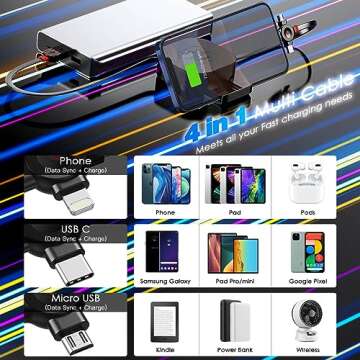 4.5A Multi Charger Cable - Retractable 3-in-1 USB with Lightning/Type C/Micro Ports - 2 Pack 4Ft Fas...