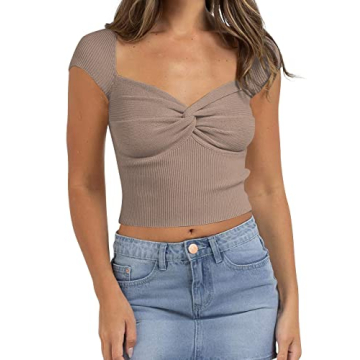 SAFRISIOR Women Sweetheart Neck Rib Knit Crop Top - Trendy Twist Design in Taupe