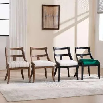 DM Furniture Farmhouse Dining Chairs Set of 4, Comfy Upholstered Dining Room Chairs with Open Back and Brown Legs, Wooden Side Chairs for Dining Table/Reception/Restaurant, Beige Fabric/Brown Legs