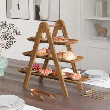Acacia Wood Collapsible Food Display Stand - Multi-functional Kitchen Essential for Home Party Organisers - Cupcake Stand, Charcuterie & Cheese Board, Rectangle Tray Platters, Decor, Farmhouse Style.