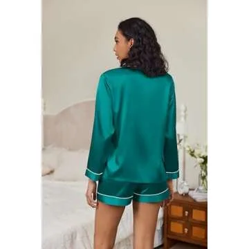 Ekouaer Silk Pajamas for Women Satin Pajama Set Shorts and Top Long Sleeve Silky PJ Soft Loungewear Sleepwear Button Down Blue Green