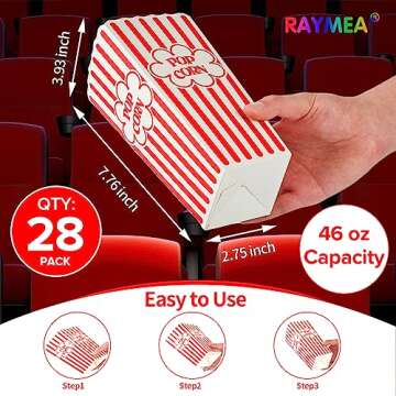 RAYMEA Popcorn Containers Disposable 46 Oz Red & White Striped 28 Pack Cardboard Popcorn Boxes for M...