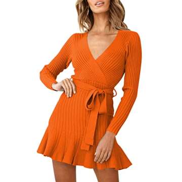 VamJump Sweater Dress for Women Mini Wrap V Neck Belt Bodycon Ruffle Ribbed Party Casual Dresses, Or...