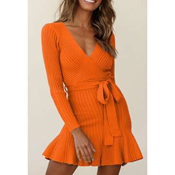 VamJump Sweater Dress for Women Mini Wrap V Neck Belt Bodycon Ruffle Ribbed Party Casual Dresses, Orange S