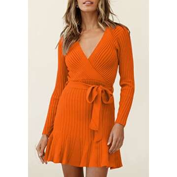 VamJump Sweater Dress for Women Mini Wrap V Neck Belt Bodycon Ruffle Ribbed Party Casual Dresses, Orange S