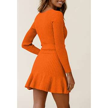 VamJump Sweater Dress for Women Mini Wrap V Neck Belt Bodycon Ruffle Ribbed Party Casual Dresses, Orange S