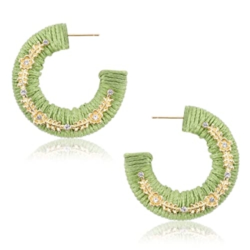 Green Hoop Earrings for Women, Rattan Weave Bohemian Raffia Braid Straw Wicker Round Drop Earring, H...