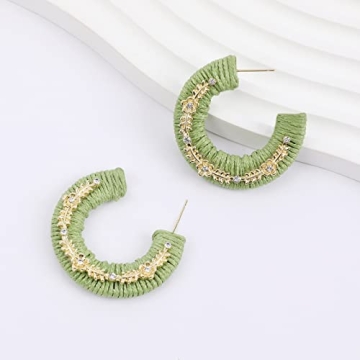 Green Hoop Earrings for Women, Rattan Weave Bohemian Raffia Braid Straw Wicker Round Drop Earring, Handmade Woven Straw Beach Knitted Spring Summer Statement Boho Earrings Fashion Jewelry Gifts