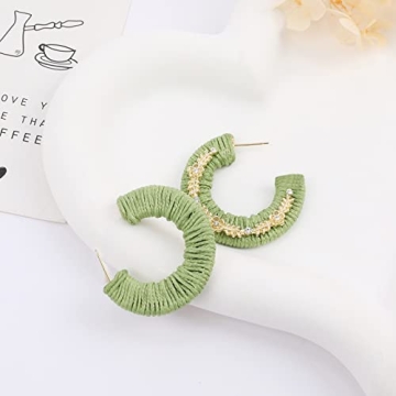 Green Hoop Earrings for Women, Rattan Weave Bohemian Raffia Braid Straw Wicker Round Drop Earring, Handmade Woven Straw Beach Knitted Spring Summer Statement Boho Earrings Fashion Jewelry Gifts