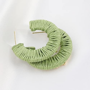 Green Hoop Earrings for Women, Rattan Weave Bohemian Raffia Braid Straw Wicker Round Drop Earring, Handmade Woven Straw Beach Knitted Spring Summer Statement Boho Earrings Fashion Jewelry Gifts