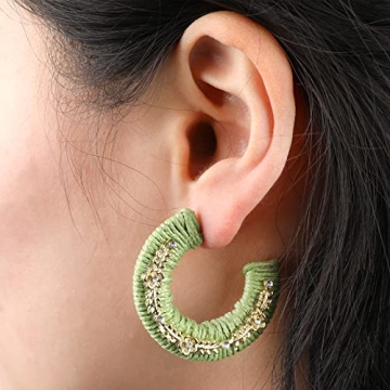 Green Hoop Earrings for Women, Rattan Weave Bohemian Raffia Braid Straw Wicker Round Drop Earring, Handmade Woven Straw Beach Knitted Spring Summer Statement Boho Earrings Fashion Jewelry Gifts