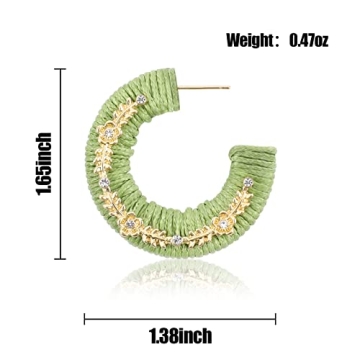 Green Hoop Earrings for Women, Rattan Weave Bohemian Raffia Braid Straw Wicker Round Drop Earring, Handmade Woven Straw Beach Knitted Spring Summer Statement Boho Earrings Fashion Jewelry Gifts