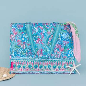 Lilly Pulitzer Blue/Green XL Market Shopper Bag, Oversize Reusable Grocery Tote with Comfortable Shoulder Straps, Aqua La Vista