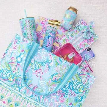 Lilly Pulitzer Blue/Green XL Market Shopper Bag, Oversize Reusable Grocery Tote with Comfortable Shoulder Straps, Aqua La Vista