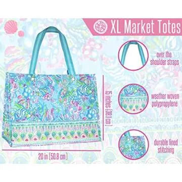 Lilly Pulitzer Blue/Green XL Market Shopper Bag, Oversize Reusable Grocery Tote with Comfortable Shoulder Straps, Aqua La Vista