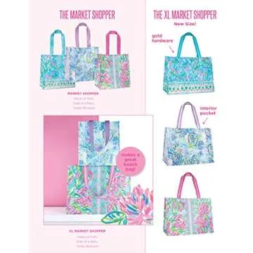 Lilly Pulitzer Blue/Green XL Market Shopper Bag, Oversize Reusable Grocery Tote with Comfortable Shoulder Straps, Aqua La Vista