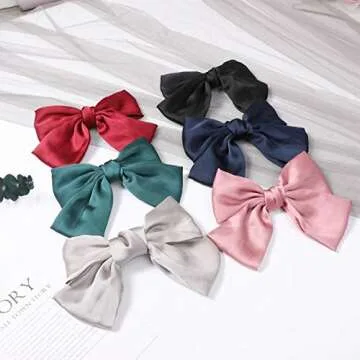 Big Hair Bow Clips Satin Silk Thick Hair Barrettes French Style Hair Accessories 6PCS for Girls Wome...