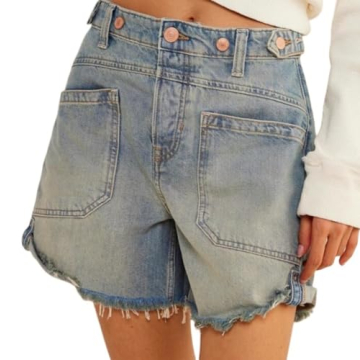 Women's High Rise Ripped Distressed Cargo Folded Hem Denim Shorts Straight Leg Short